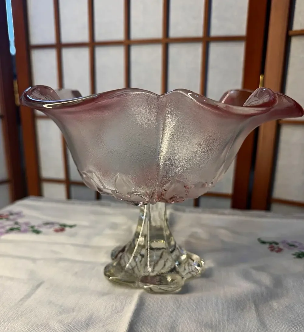 Vintage Mikasa Rosella Pink Frosted Glass Pedestal Compote Ruffled Floral Bowl